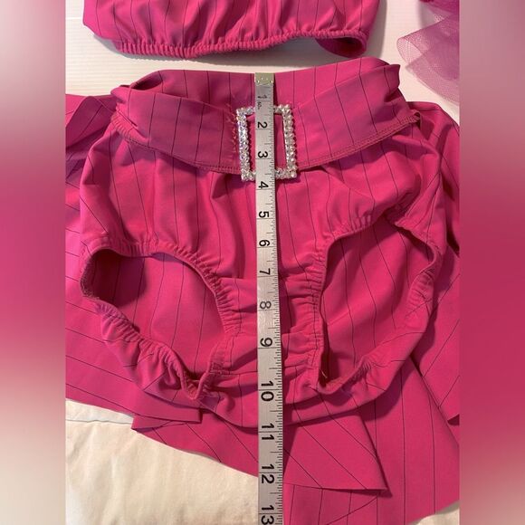 Kelle solo dance costume 2 piece hot pink pin stripe top buckle skirt hat LC - Picture 3 of 9